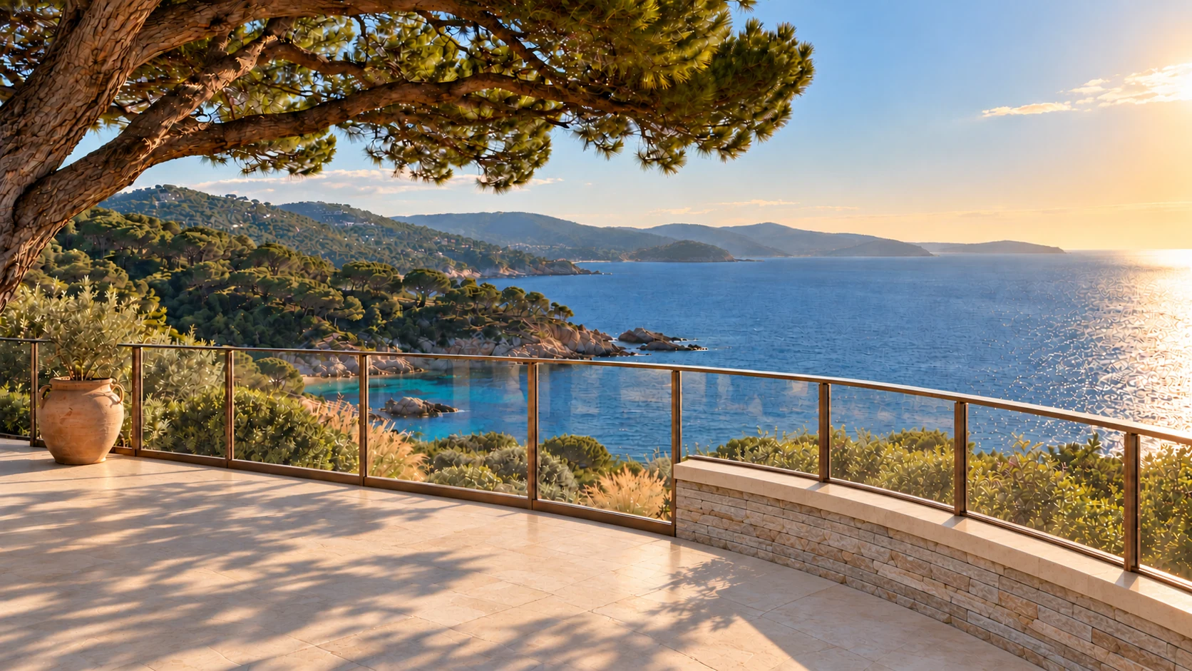 Paysage méditerranéen imaginaire : pins parasols, terrasse en pierre et mer au soleil
