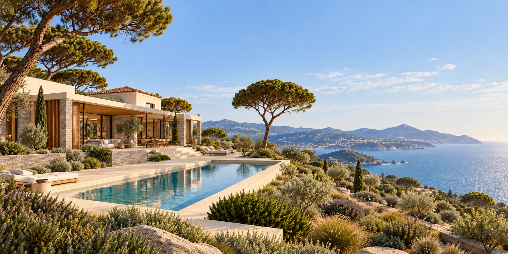 Illustration d’une villa imaginaire en pierre claire, avec piscine et pins parasols face à la mer
